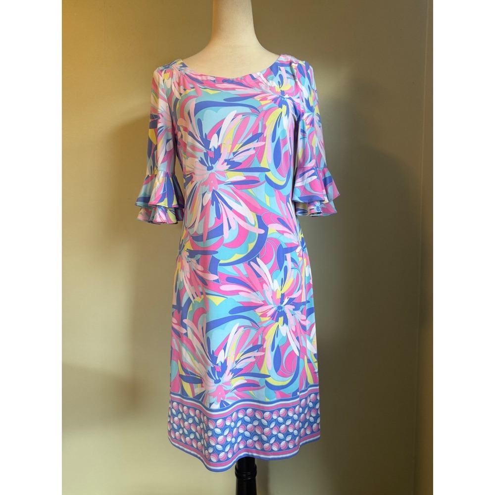 pappagallo Floral Ruffle Bell Sleeve Shift Dress Pink Blue Yellow Small‎ preppy